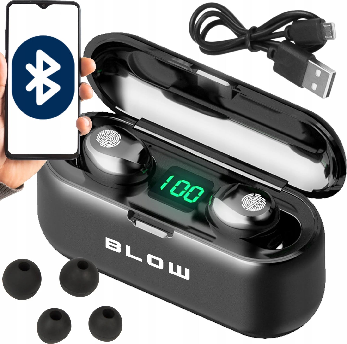 Belaidės įstatomos ausinės Bluetooth 5.1 su įkrovimo dėklu ir mikrofonu BLOW BTE200