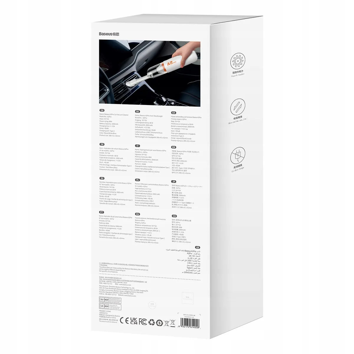 Belaidis automobilinis dulkių siurblys Baseus A2Pro, 6000Pa, 80W su HEPA filtru