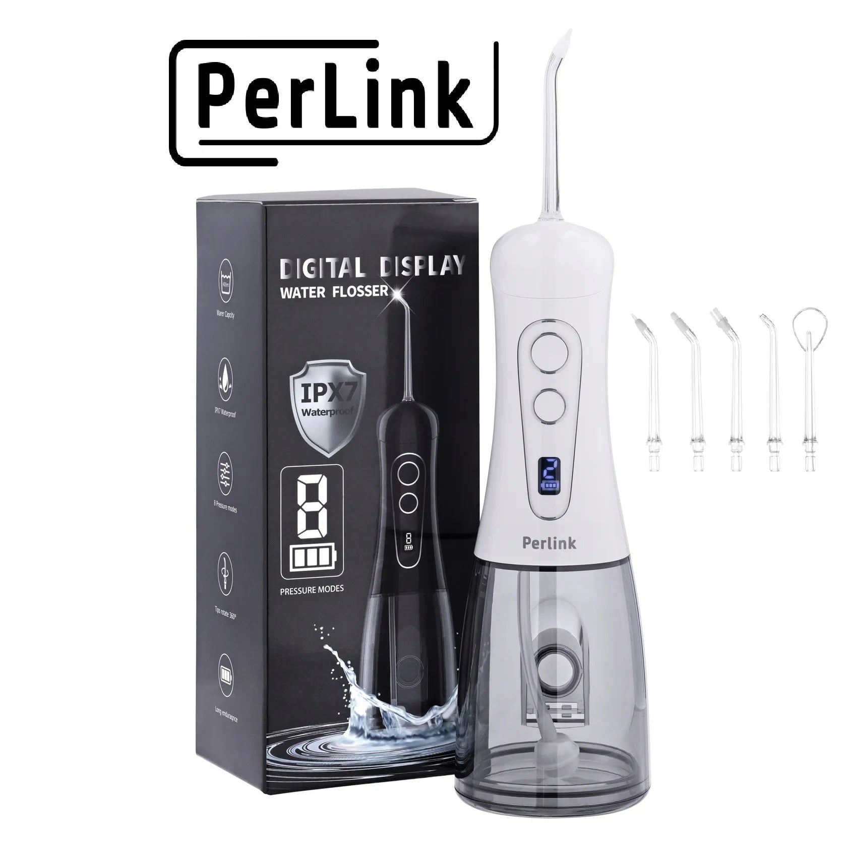 BELAIDIS DANTŲ IRIGATORIUS PERLINK SMART 8 REŽIMŲ, 5 ANTGALIAI, PROFESIONALUS