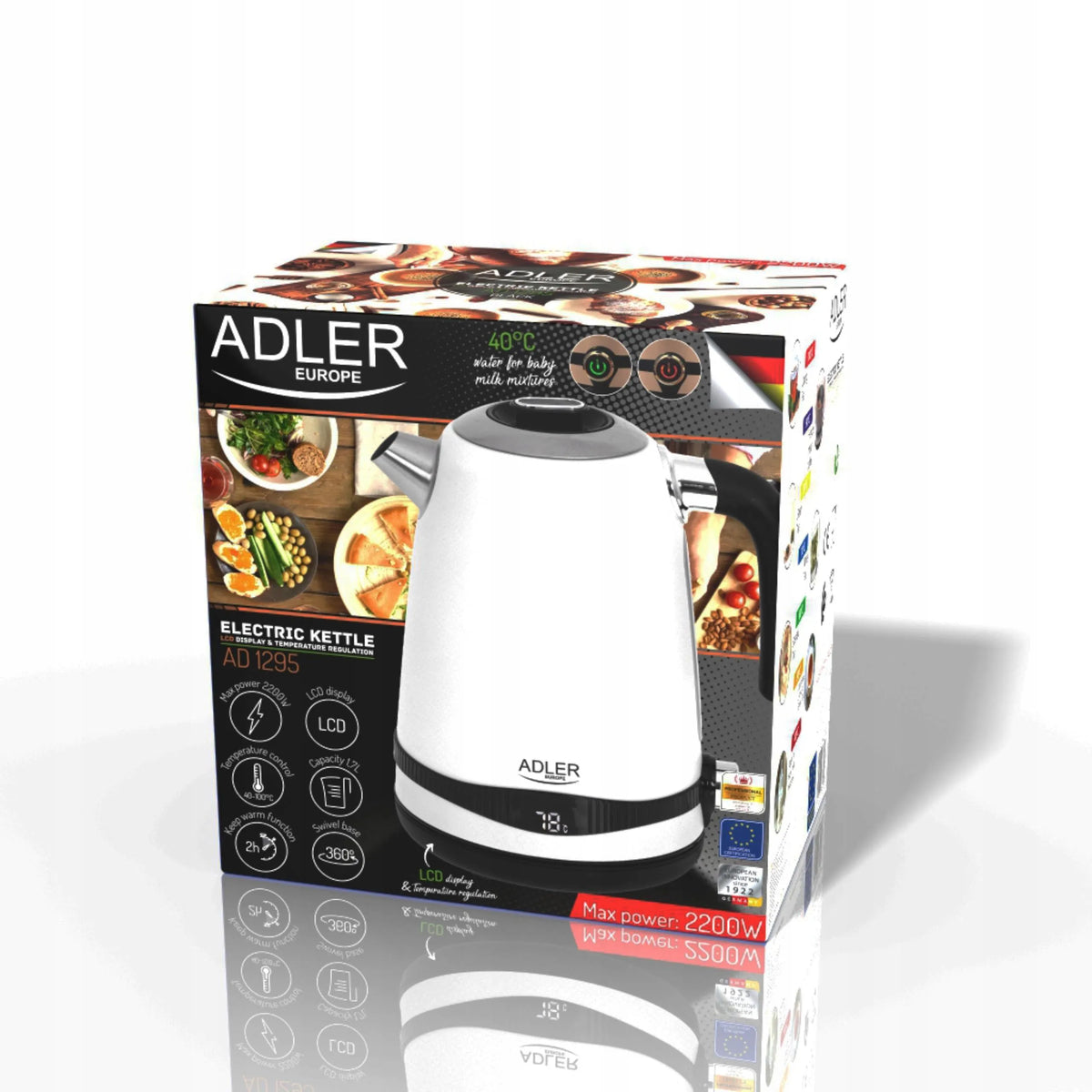 Belaidis metalinis elektrinis virdulys Adler AD1295 White, 1,7 l, 2200 W, su temperatūros reguliavimu