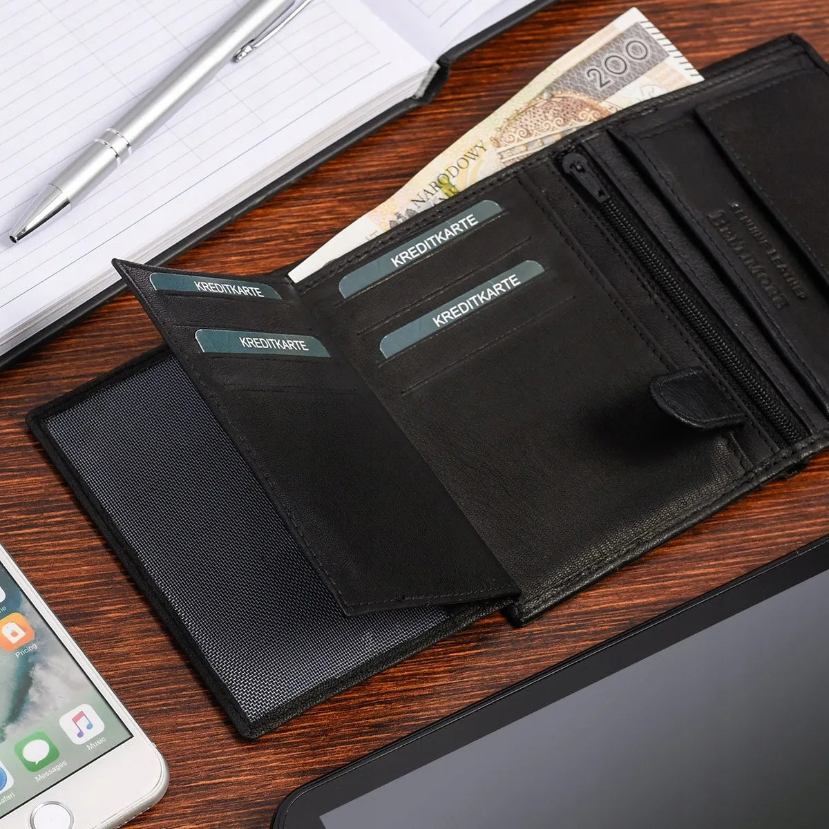 Beltimore klasikinė didelė juoda vyriška vertikali odinė piniginė su RFiD apsauga