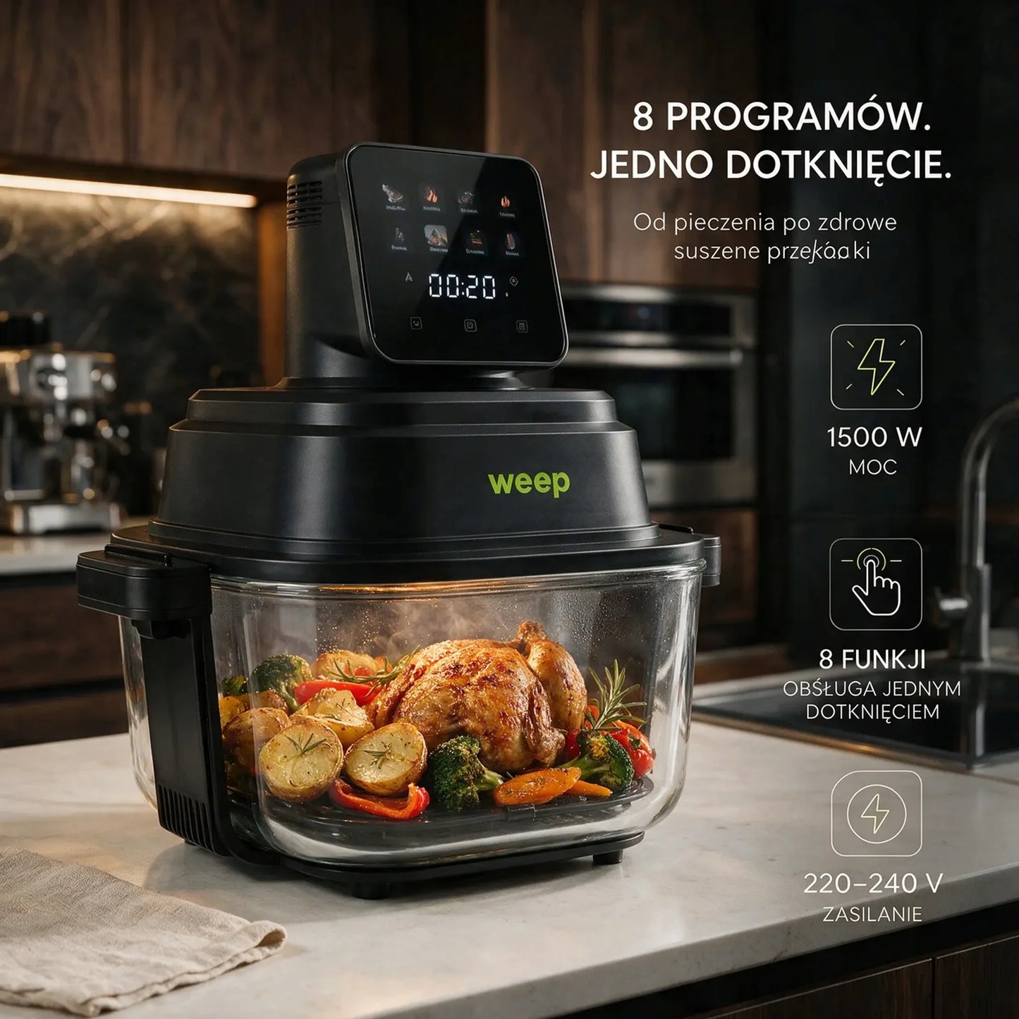 Beriebalė gruzdintuvė Airfryer AirGlass Smart 1500W, stikliniai dubenys 4L+1,5L