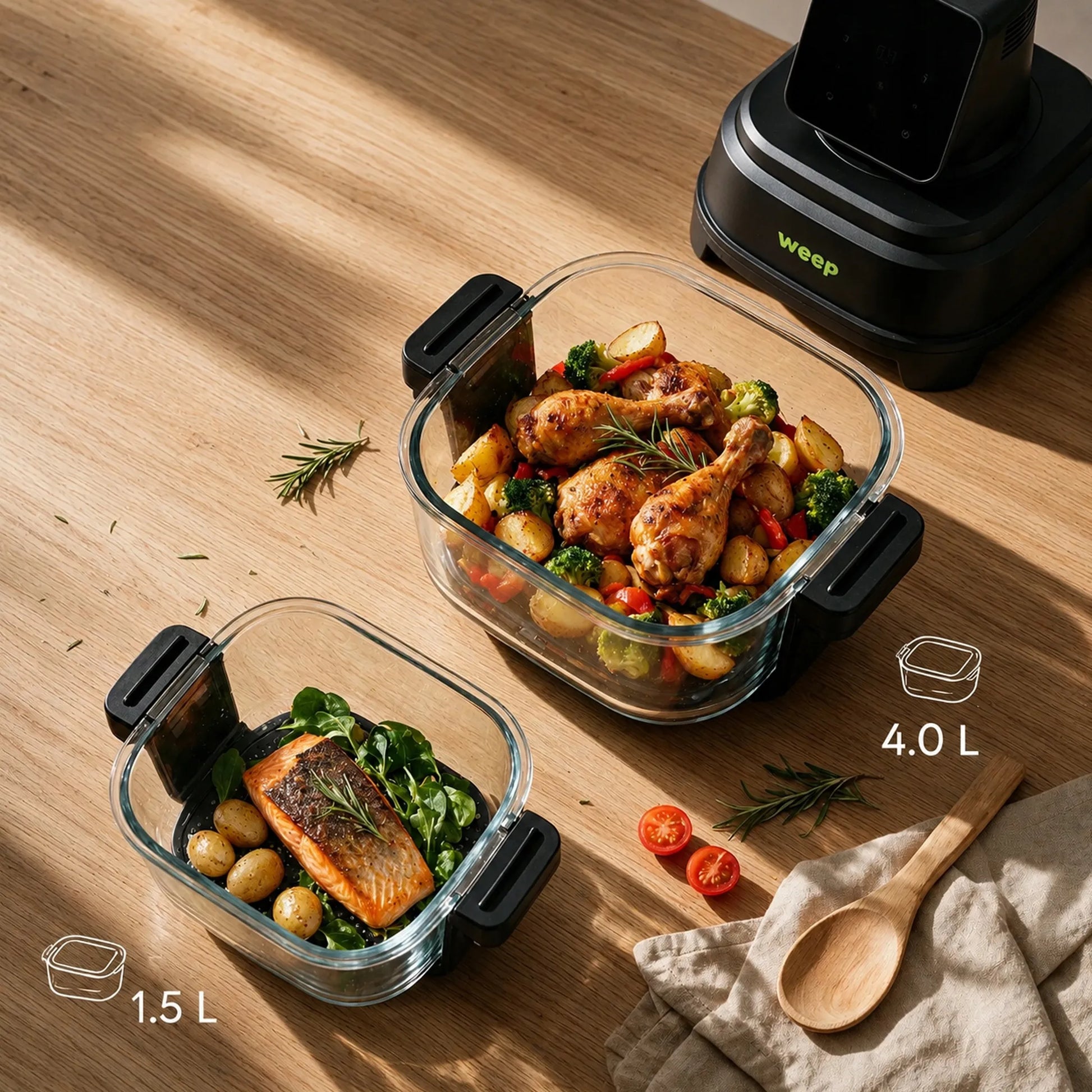 Beriebalė gruzdintuvė Airfryer AirGlass Smart 1500W, stikliniai dubenys 4L+1,5L