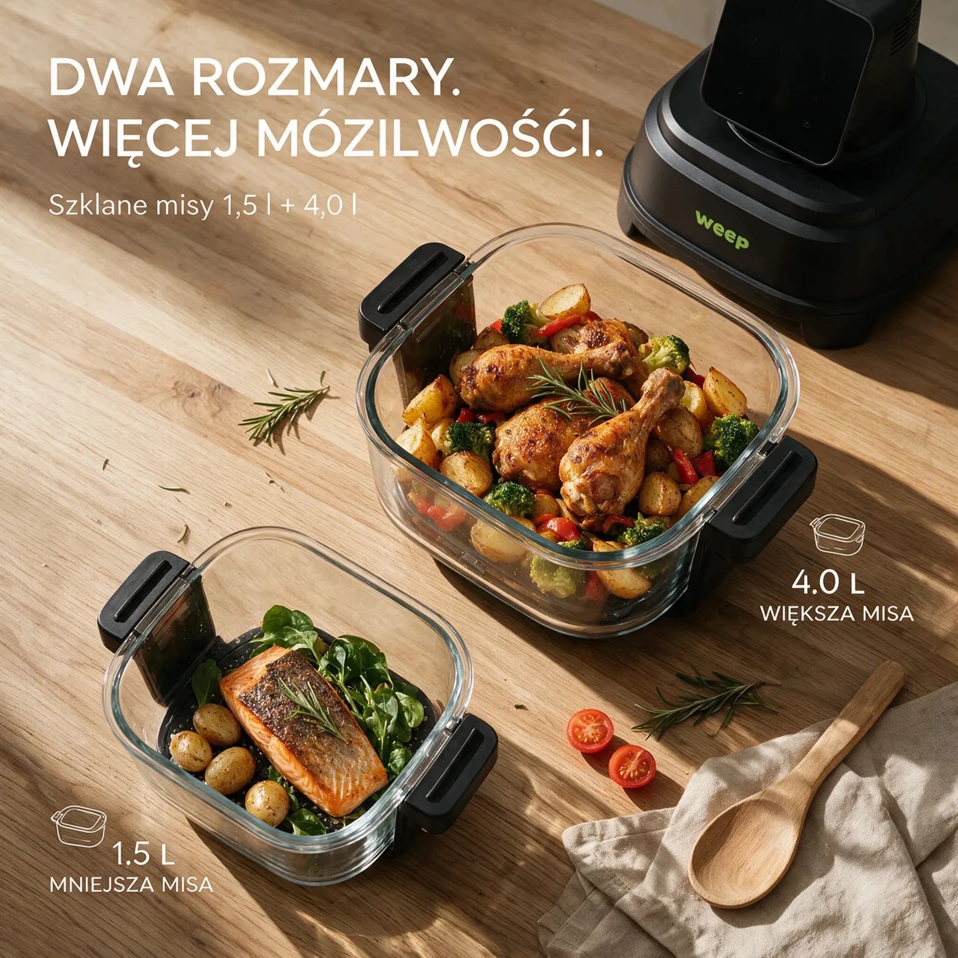 Beriebalė gruzdintuvė Airfryer AirGlass Smart 1500W, stikliniai dubenys 4L+1,5L