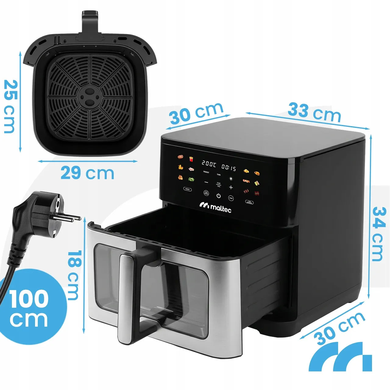Beriebalė gruzdintuvė Maltec AirFryer 10L 2000W su stebėjimo langeliu ir kepimo padėklais