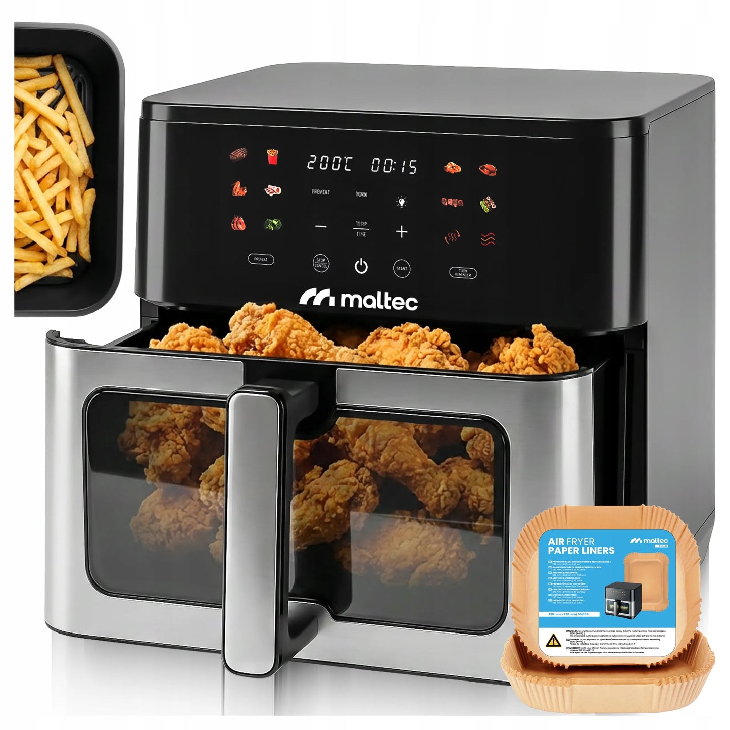 Beriebalė gruzdintuvė Maltec AirFryer 10L 2000W su stebėjimo langeliu ir kepimo padėklais