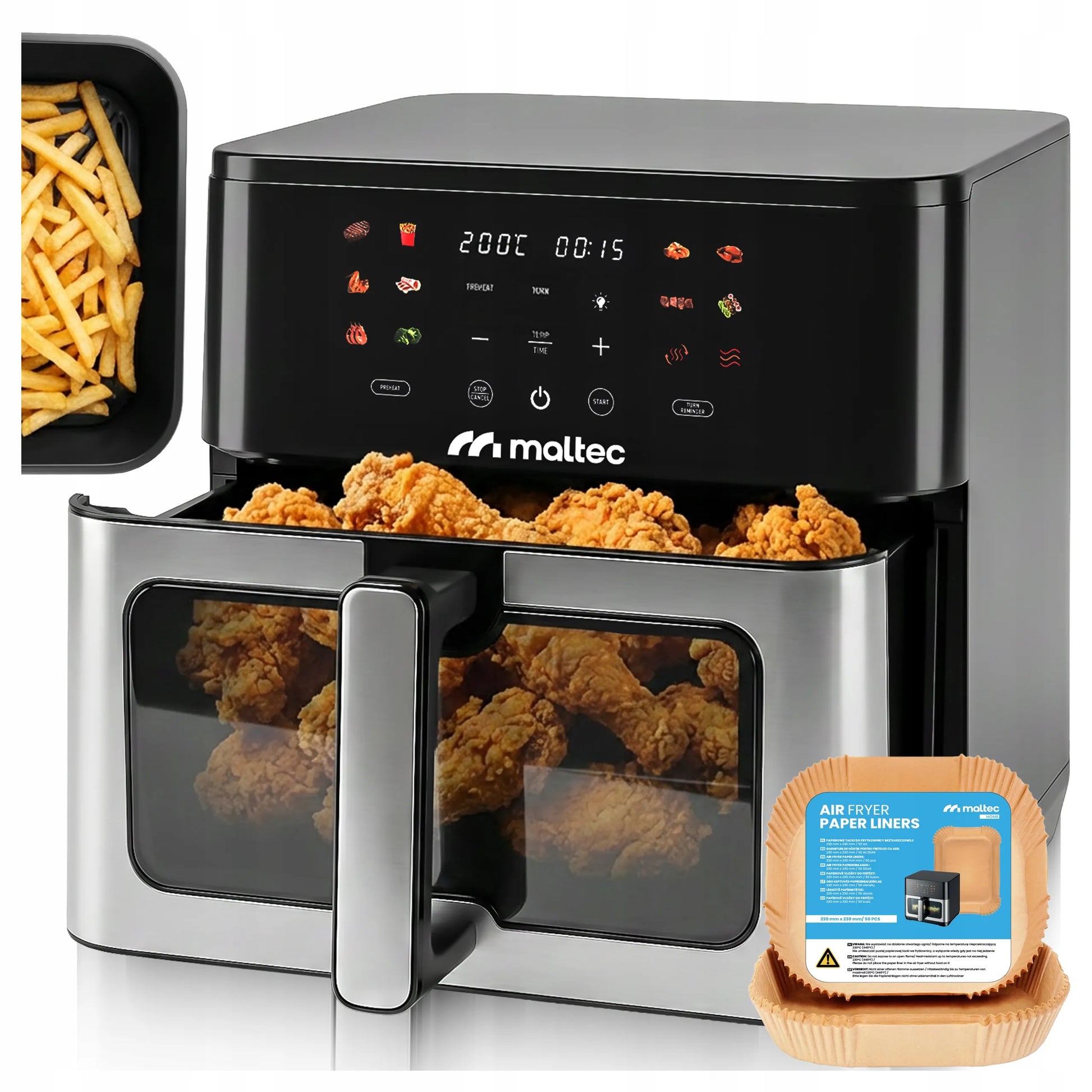 Beriebalė gruzdintuvė Maltec AirFryer 10L 2000W su stebėjimo langeliu ir kepimo padėklais