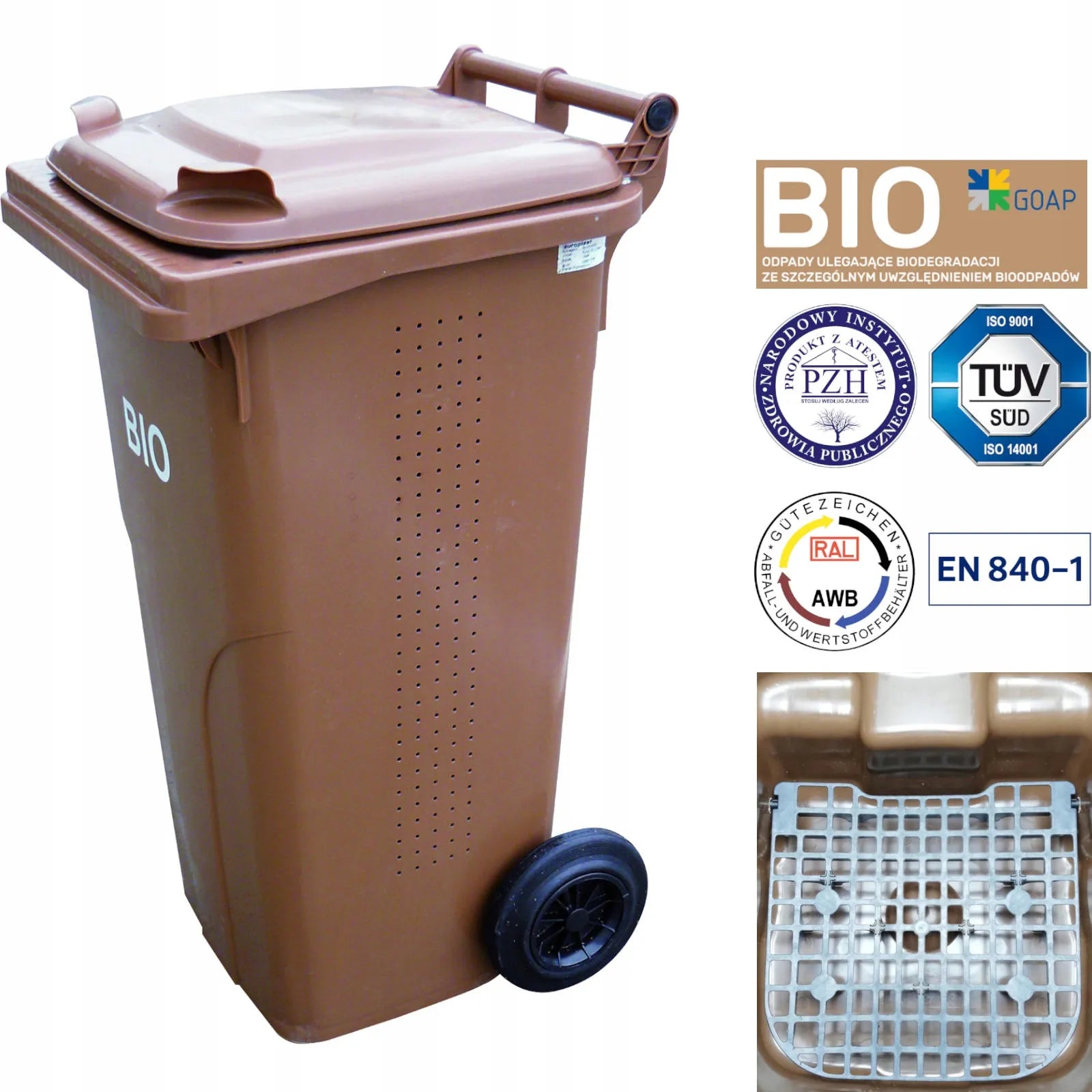 BIO atliekų konteineris su dvigubu dugnu, 240 l, rudas, BIO + grotelės