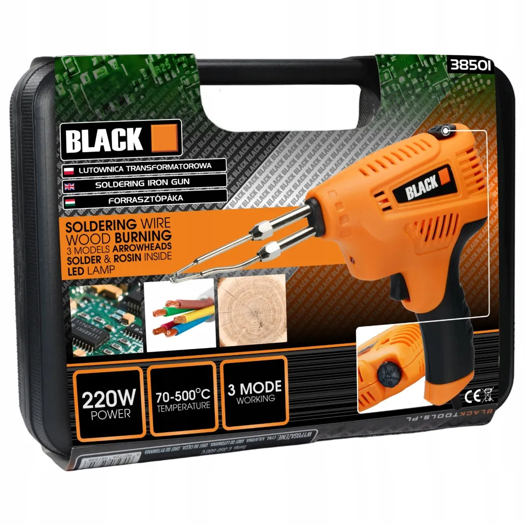 BLACK 220 W transformatorinis lituoklis su lagaminu, LED apšvietimu, antgaliais ir litavimo rinkiniu
