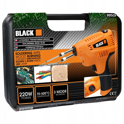 BLACK 220 W transformatorinis lituoklis su lagaminu, LED apšvietimu, antgaliais ir litavimo rinkiniu