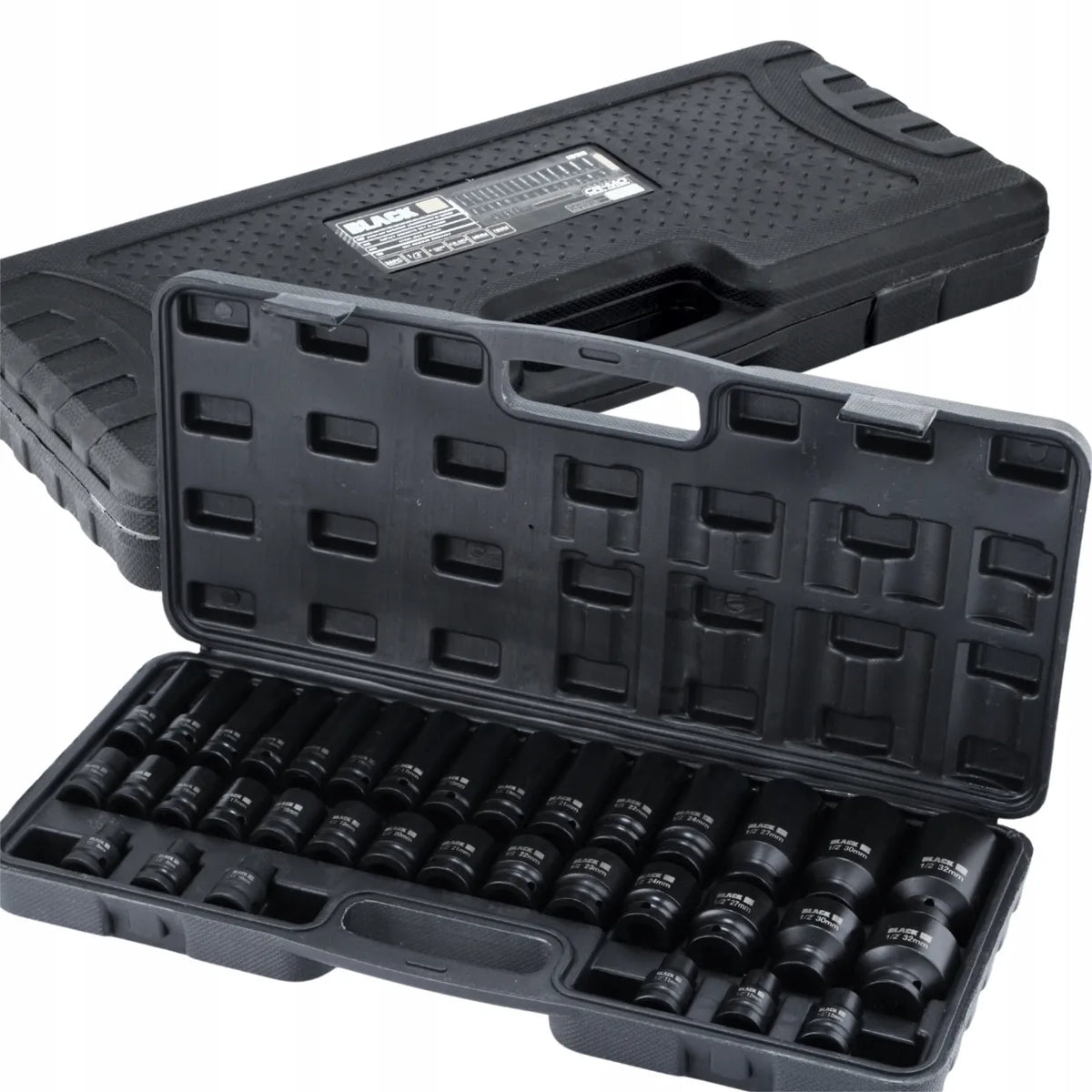 BLACK CR-MO smūginių galvučių rinkinys lagamine, HEXAGON, 8–32 mm, 1/2″, 35 vnt.