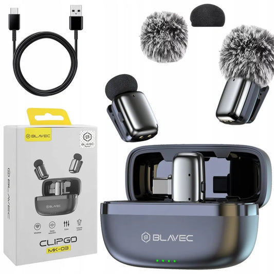 Blavec MK-03 belaidžių atlapo mikrofonų rinkinys su USB-C imtuvu ir krovimo dėklu