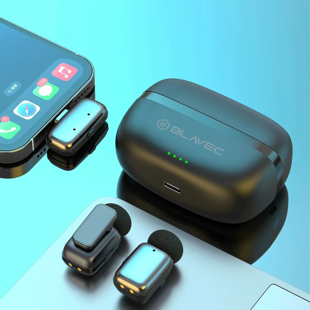 Blavec MK-03 belaidžių atlapo mikrofonų rinkinys su USB-C imtuvu ir krovimo dėklu