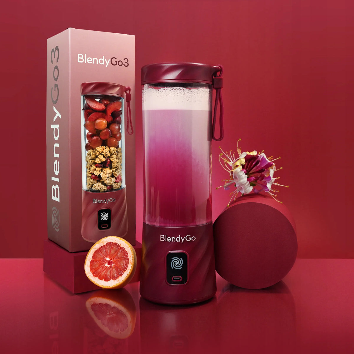 BlendyGo 3 belaidis nešiojamasis trintuvas, USB, 550 ml, burgundiškas
