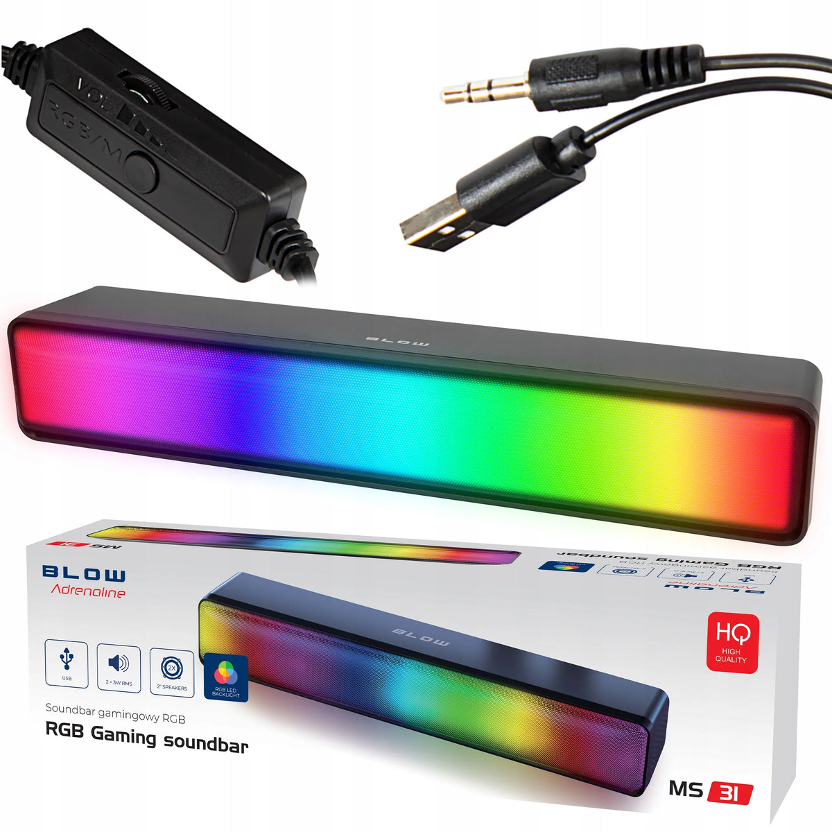 BLOW 2.0 žaidimų garso kolonėlė „Soundbar“ su LED RGB apšvietimu, USB 5 V