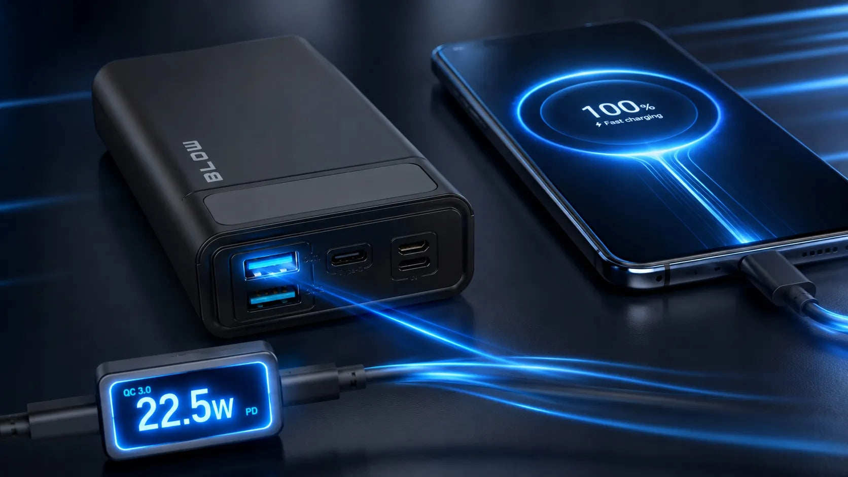 BLOW 20000 mAh 22,5W „Power Bank“, QC, PD, USB-C, greitas ir talpus