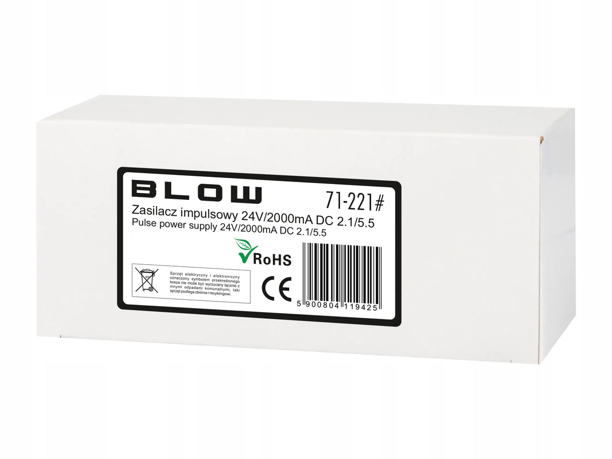 BLOW 71-221# maitinimo šaltinis LED juostoms ir CCTV, 24 V DC, 2 A, 48 W, 2,1 × 5,5 mm