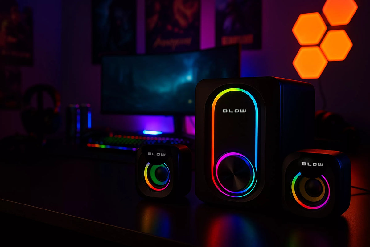 BLOW Adrealine 66-399# žaidimų kompiuterio garsiakalbių rinkinys 2.1, RGB LED, 2 × 3 W + 5 W žemųjų dažnių garsiakalbis