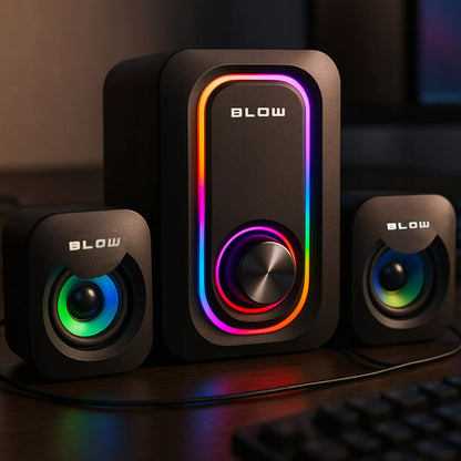 BLOW Adrealine 66-399# žaidimų kompiuterio garsiakalbių rinkinys 2.1, RGB LED, 2 × 3 W + 5 W žemųjų dažnių garsiakalbis