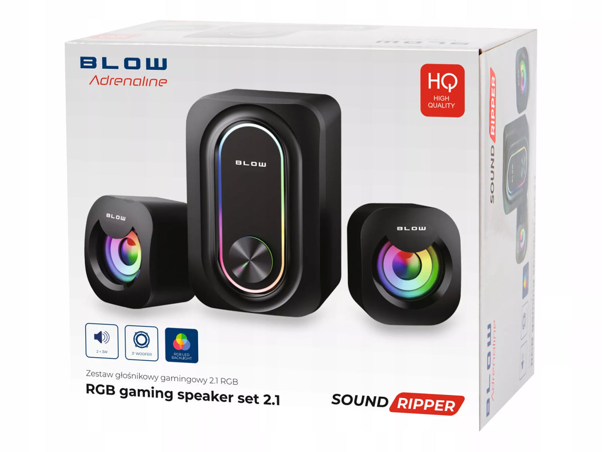 BLOW Adrealine 66-399# žaidimų kompiuterio garsiakalbių rinkinys 2.1, RGB LED, 2 × 3 W + 5 W žemųjų dažnių garsiakalbis