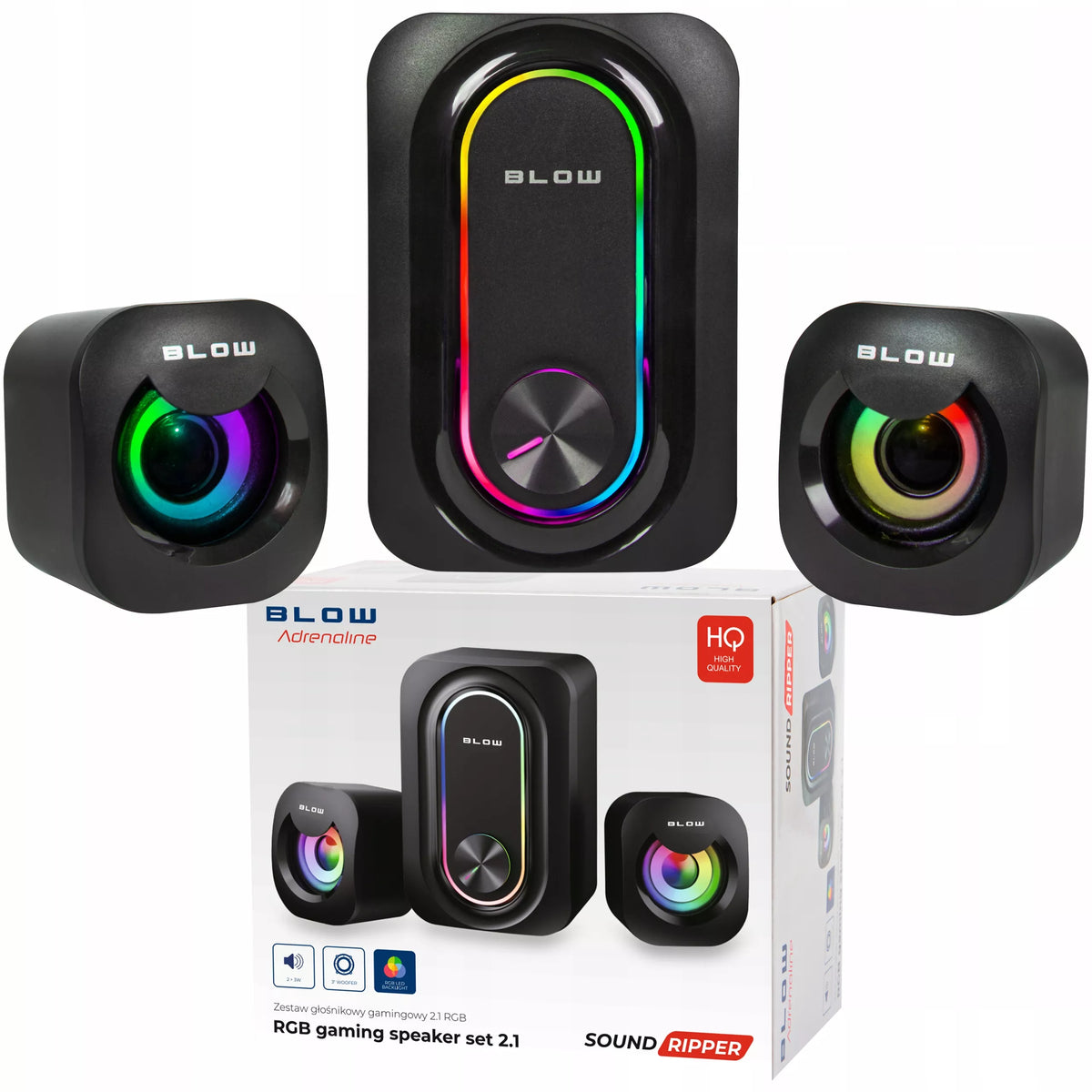 BLOW Adrealine 66-399# žaidimų kompiuterio garsiakalbių rinkinys 2.1, RGB LED, 2 × 3 W + 5 W žemųjų dažnių garsiakalbis