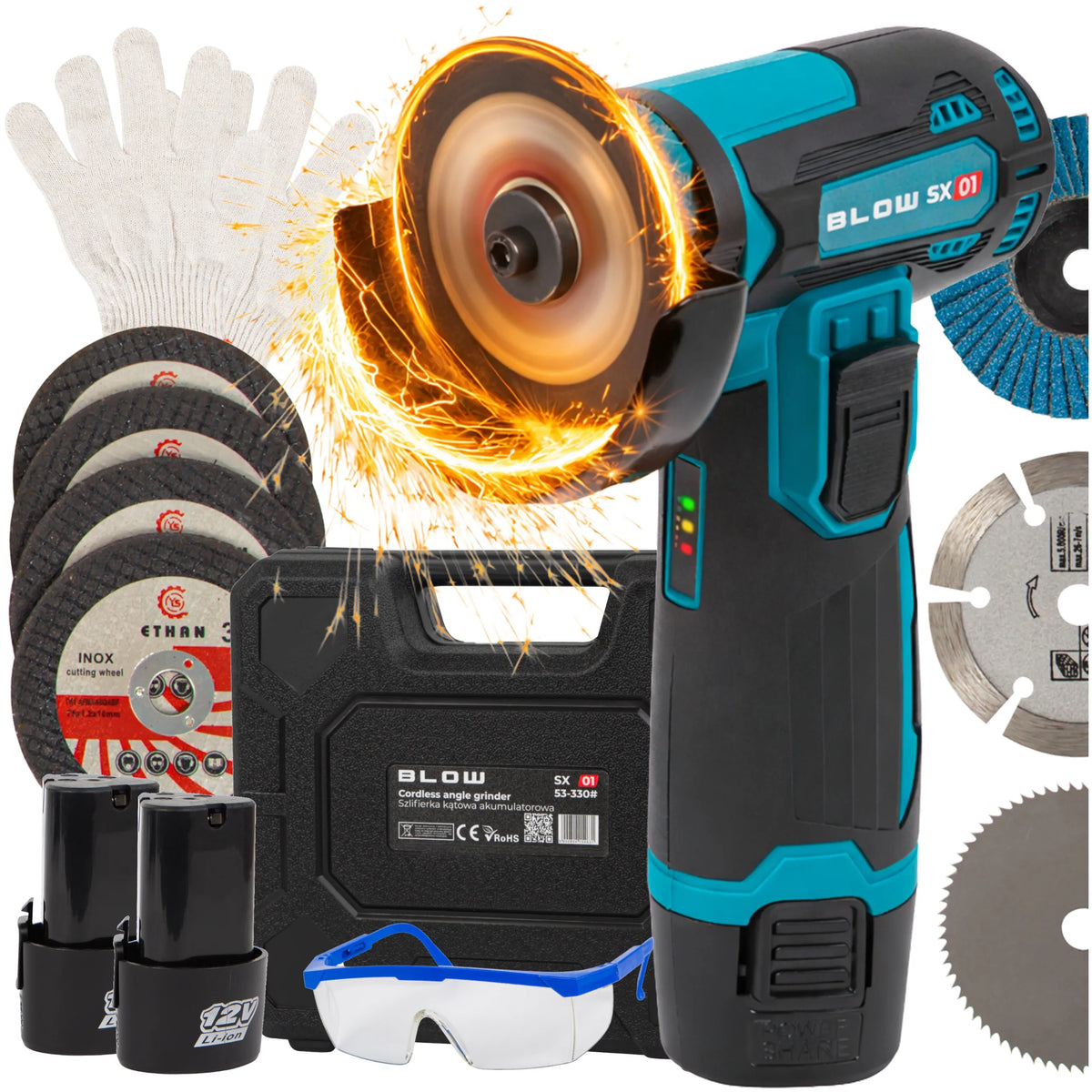 BLOW akumuliatorinis kampinis šlifuoklis, 900 W, 12 V, 19 500 aps./min., 2 akumuliatoriai, 7 diskai, lagaminas