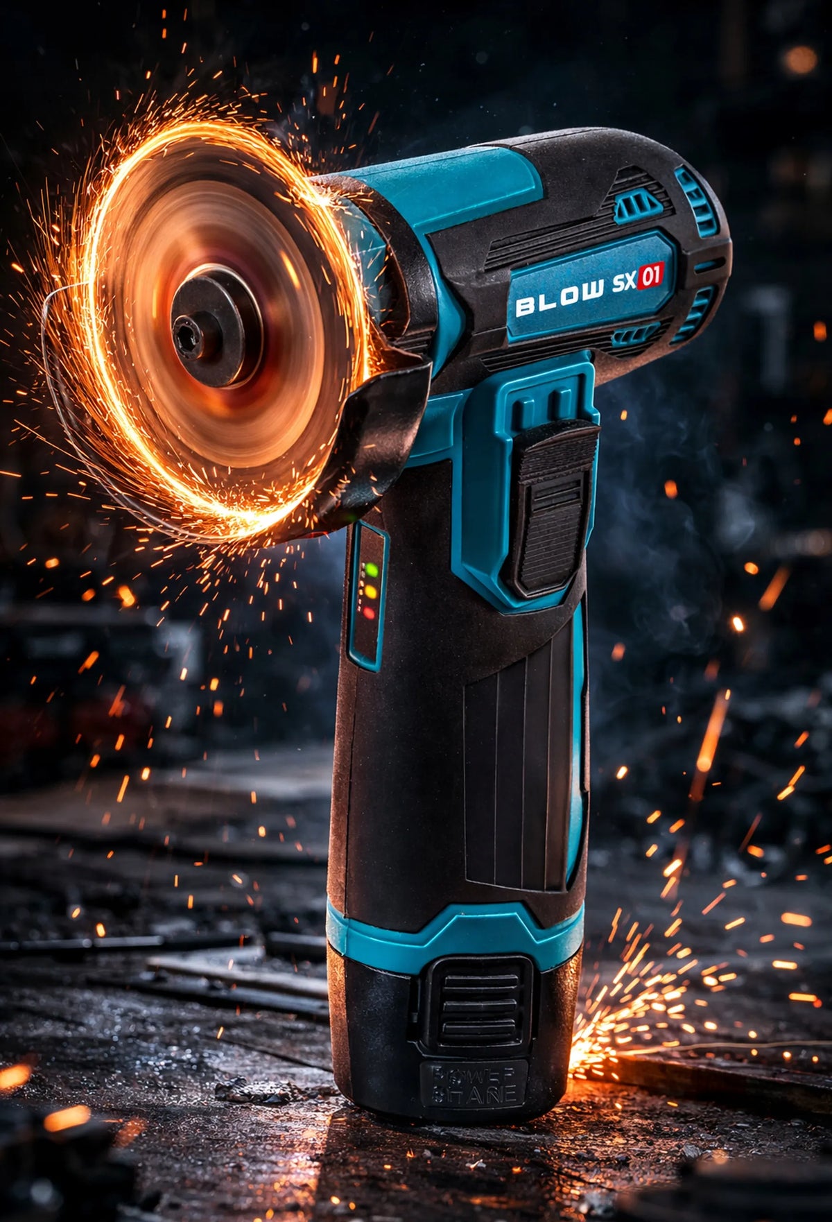 BLOW akumuliatorinis kampinis šlifuoklis, 900 W, 12 V, 19 500 aps./min., 2 akumuliatoriai, 7 diskai, lagaminas
