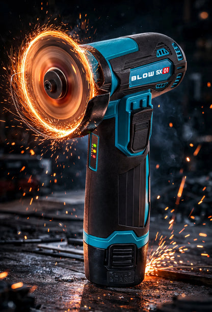 BLOW akumuliatorinis kampinis šlifuoklis, 900 W, 12 V, 19 500 aps./min., 2 akumuliatoriai, 7 diskai, lagaminas