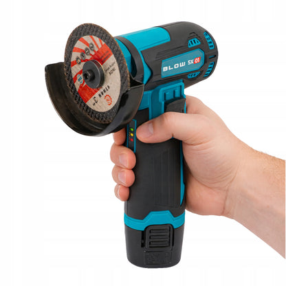 BLOW akumuliatorinis kampinis šlifuoklis, 900 W, 12 V, 19 500 aps./min., 2 akumuliatoriai, 7 diskai, lagaminas