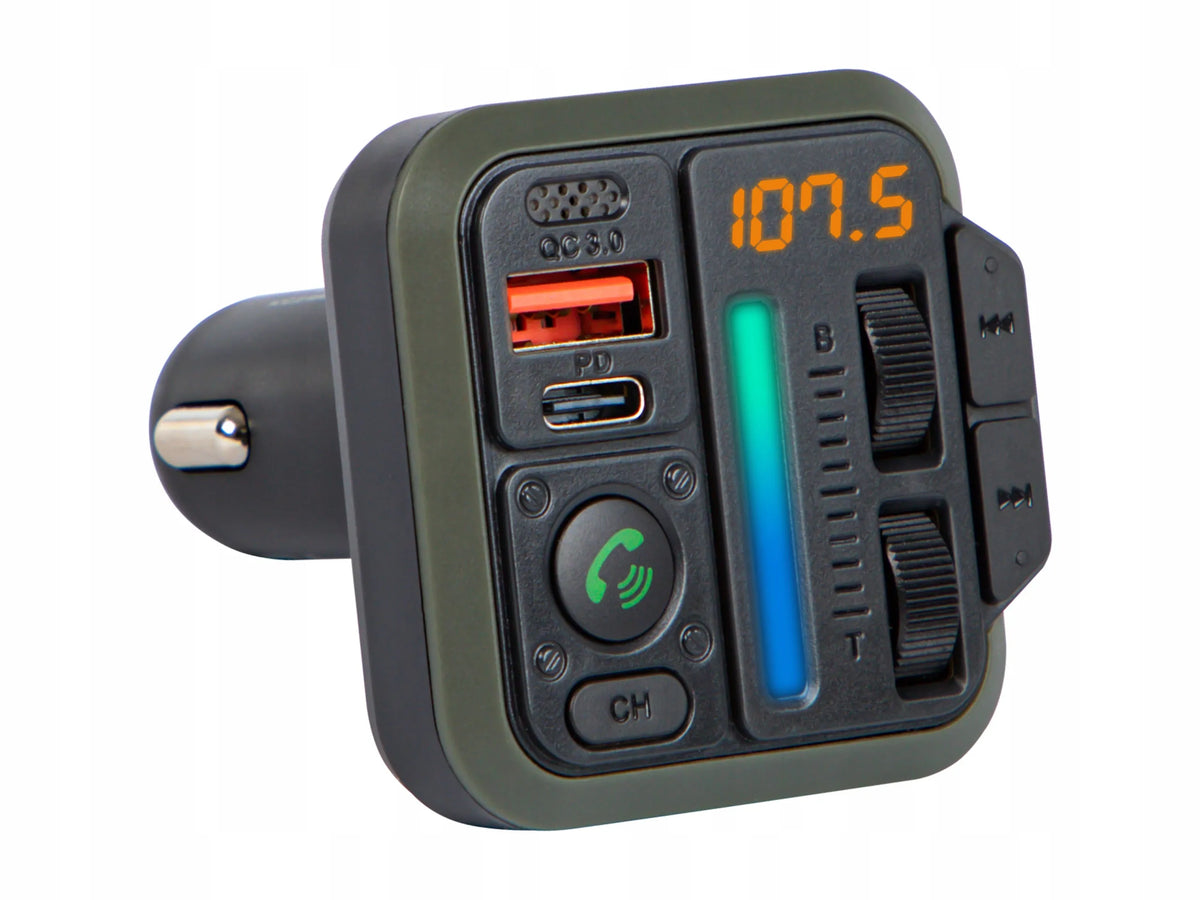 BLOW automobilinis „Bluetooth 5.3“ FM siųstuvas su RGB apšvietimu, „QC 3.0“ ir USB-C PD 20 W įkrovikliu