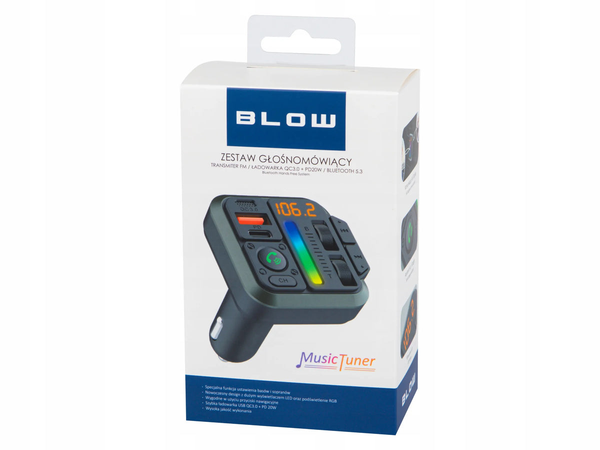 BLOW automobilinis „Bluetooth 5.3“ FM siųstuvas su RGB apšvietimu, „QC 3.0“ ir USB-C PD 20 W įkrovikliu