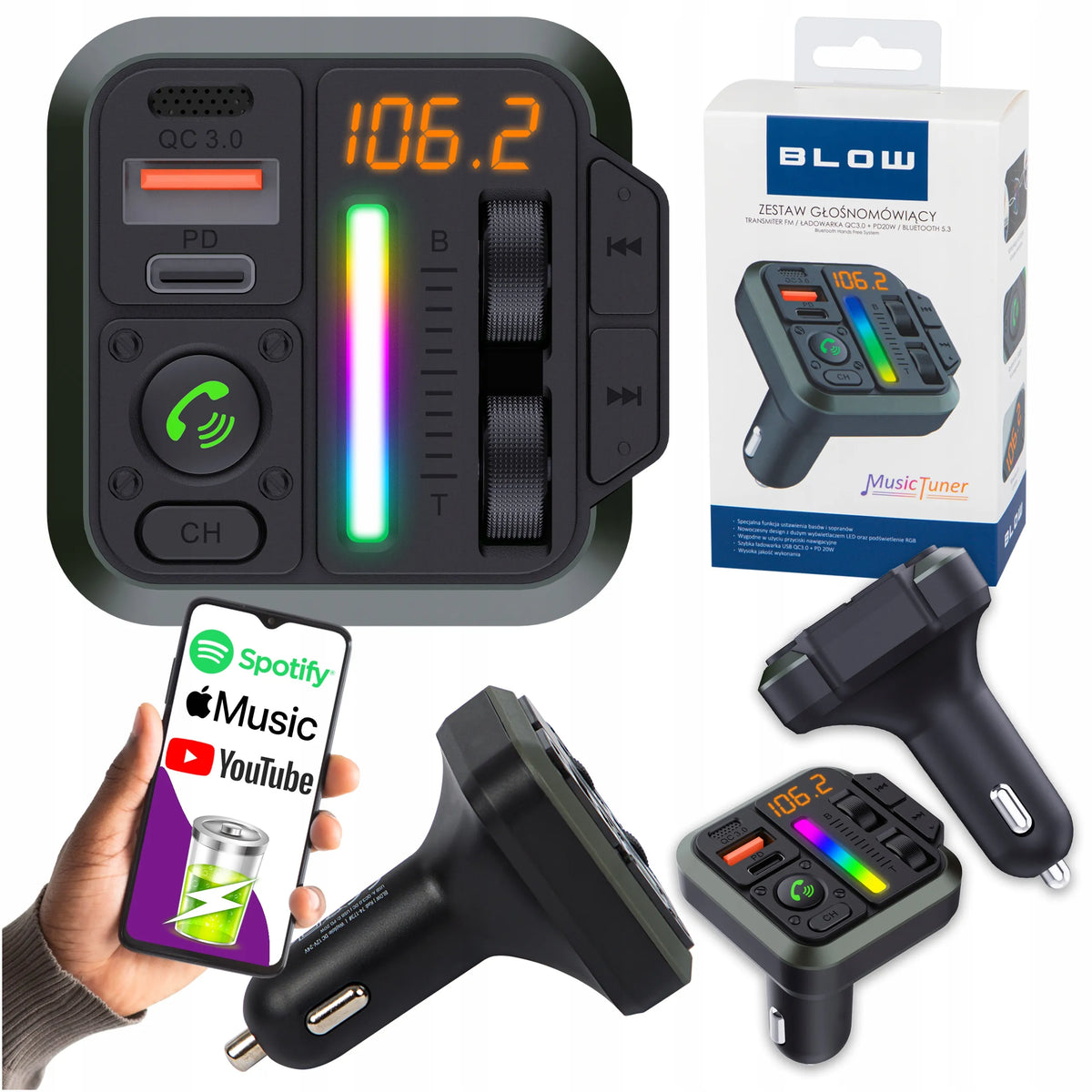 BLOW automobilinis „Bluetooth 5.3“ FM siųstuvas su RGB apšvietimu, „QC 3.0“ ir USB-C PD 20 W įkrovikliu