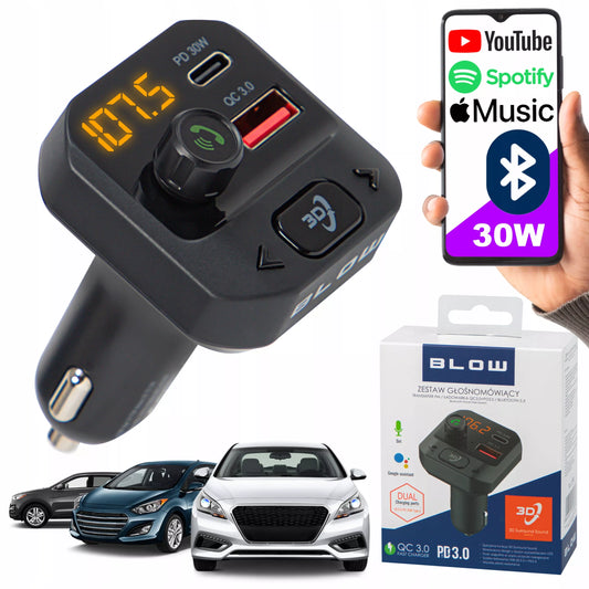 BLOW automobilinis „Bluetooth“ FM siųstuvas su įkrovikliu, USB-C PD 30 W, QC3.0, USB ir „microSD“