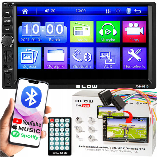 BLOW AVH-9810 2-DIN automobilinis grotuvas su „Bluetooth“, 7 colių jutikliniu ekranu, RDS, USB, AUX, 4 × 50 W ir nuotolinio valdymo pulteliu