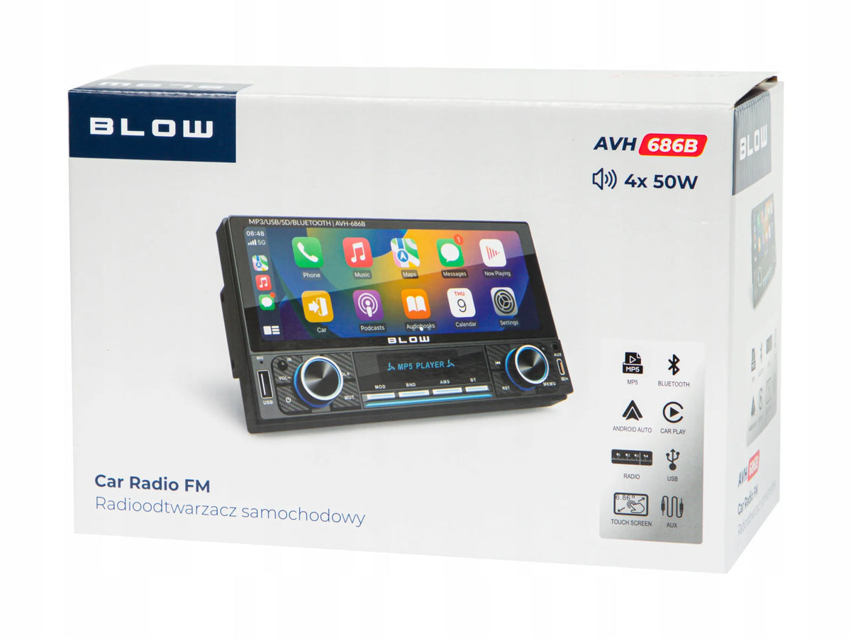 BLOW AVH686B 2-DIN automobilinis grotuvas su 6,86 colio jutikliniu ekranu, USB, „Bluetooth“, CarPlay ir Android Auto
