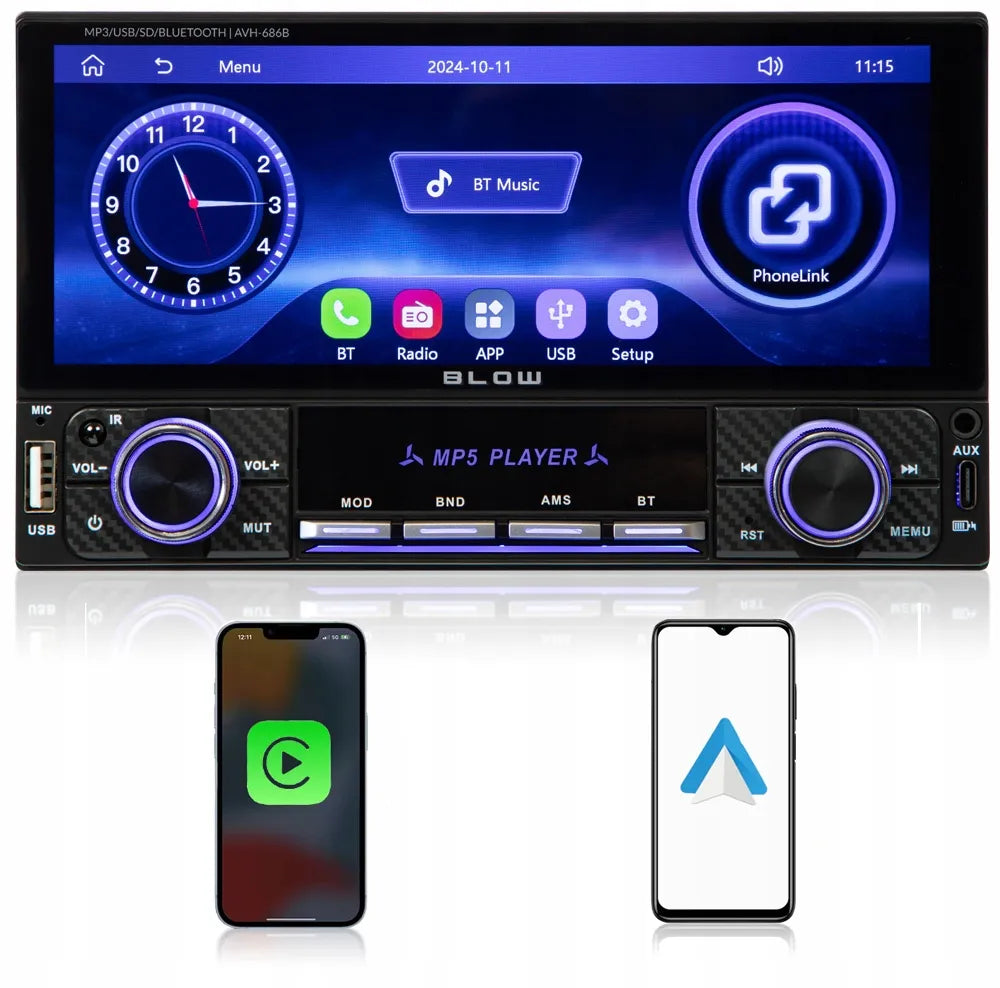 BLOW AVH686B 2-DIN automobilinis grotuvas su 6,86 colio jutikliniu ekranu, USB, „Bluetooth“, CarPlay ir Android Auto