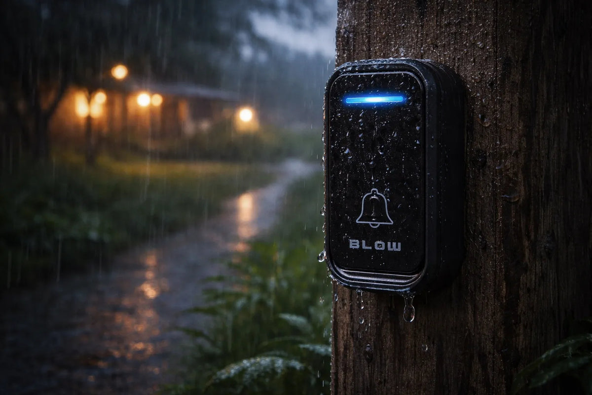 BLOW belaidis vandeniui atsparus durų skambutis IP44, didelis veikimo nuotolis, skirtas namų durims ir varteliams