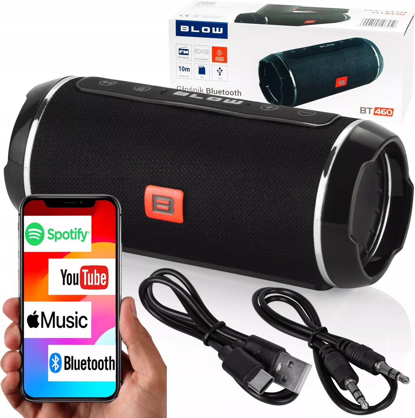 BLOW BT460 nešiojamas Bluetooth garsiakalbis su FM radiju, USB, SD ir AUX jungtimis, juodas