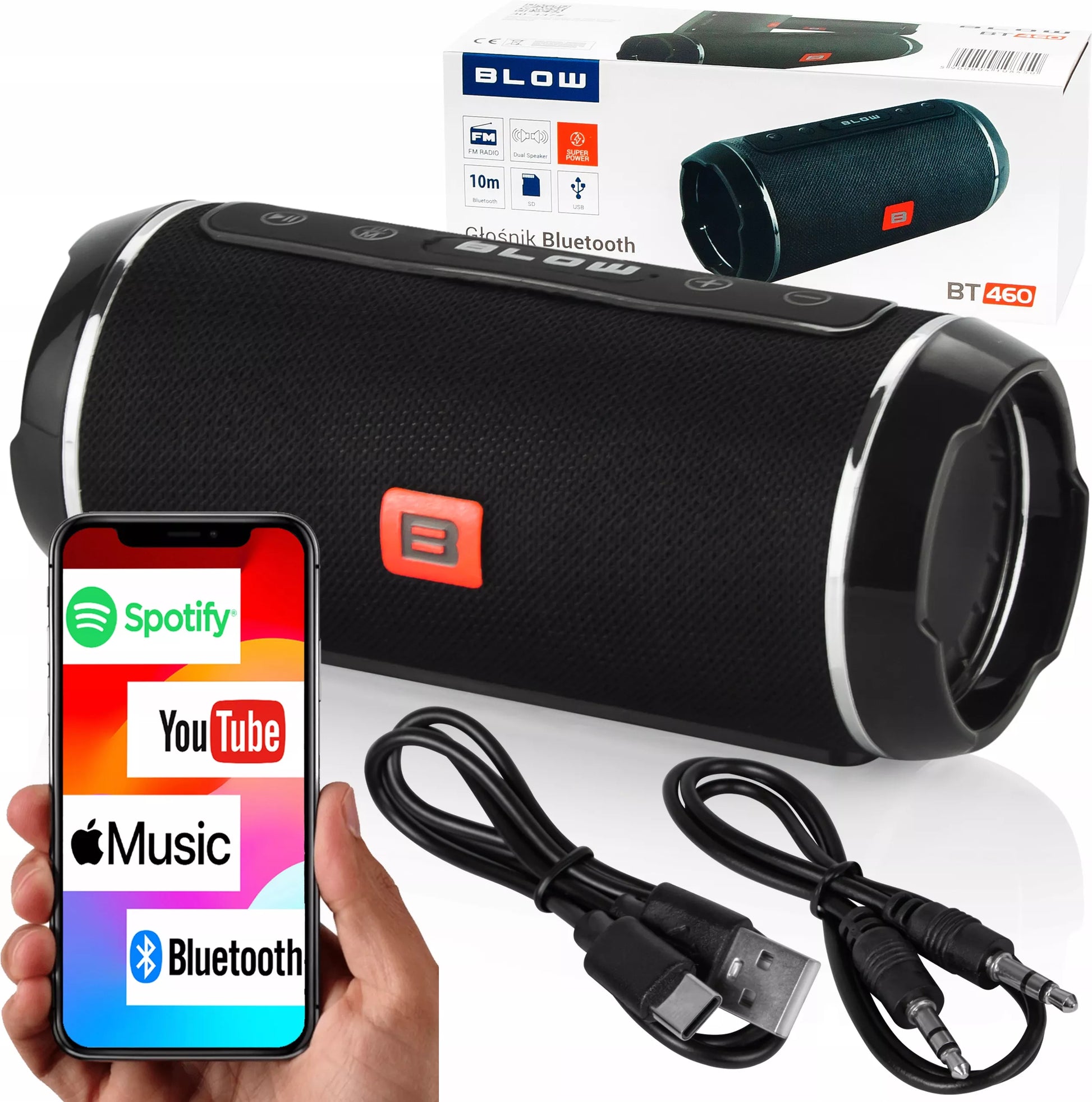 BLOW BT460 nešiojamas Bluetooth garsiakalbis su FM radiju, USB, SD ir AUX jungtimis, juodas