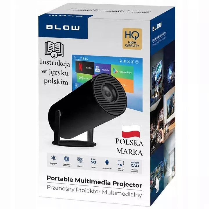 BLOW CINEMA juodas nešiojamasis LED projektorius su „Android TV“, „Wi-Fi“ ir integruotu garsiakalbiu