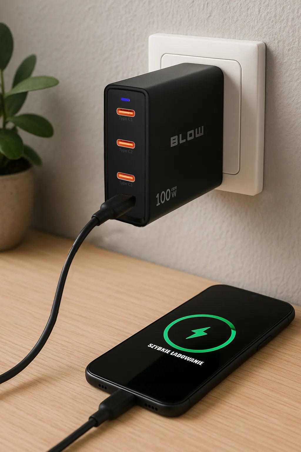 BLOW greitasis tinklo įkroviklis, 4 × USB-C, QC, PD, 100 W, GaN