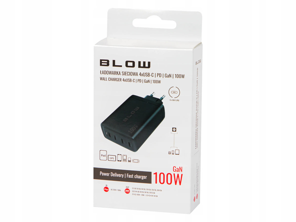 BLOW greitasis tinklo įkroviklis, 4 × USB-C, QC, PD, 100 W, GaN