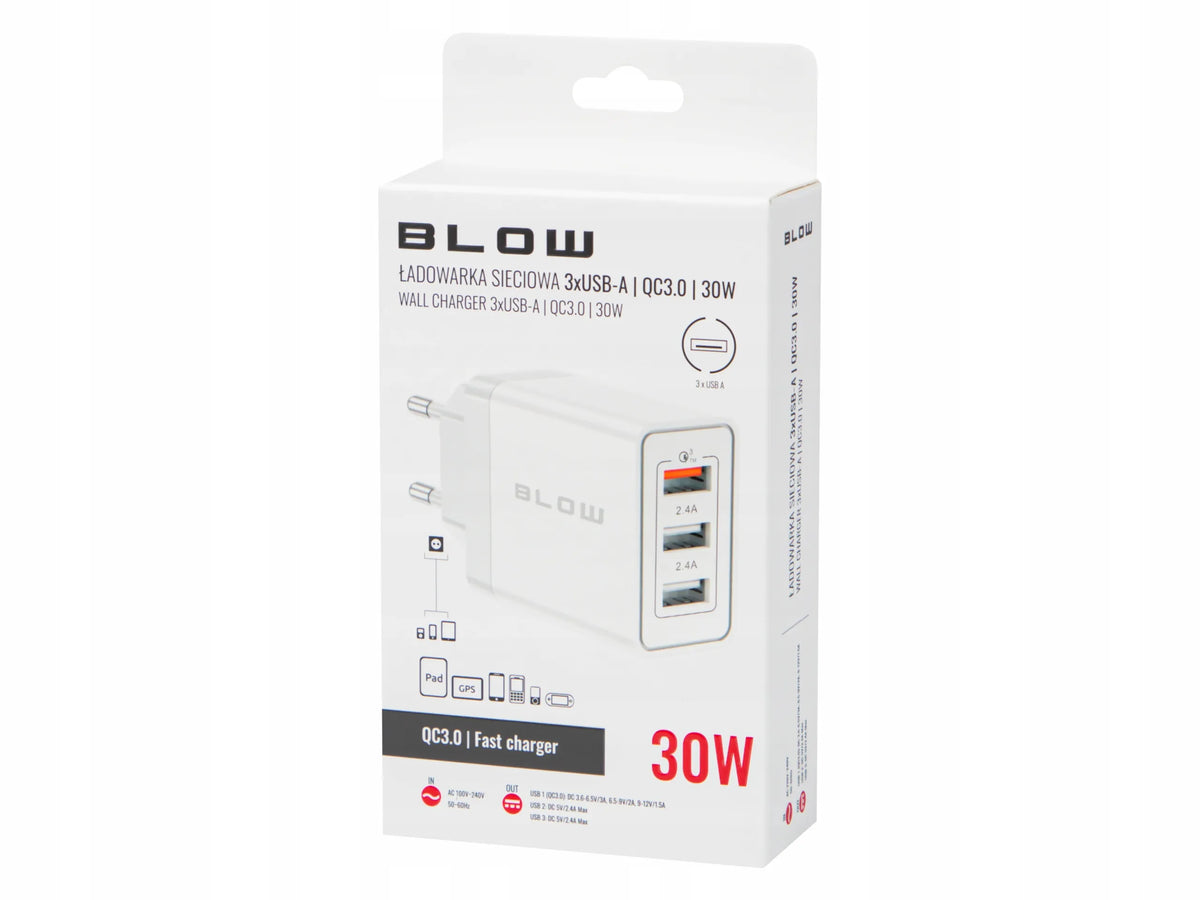 BLOW greitasis tinklo įkroviklis telefonui, 3 × USB, „Quick Charge 3.0“, 5 V, 2,4 A, 30 W