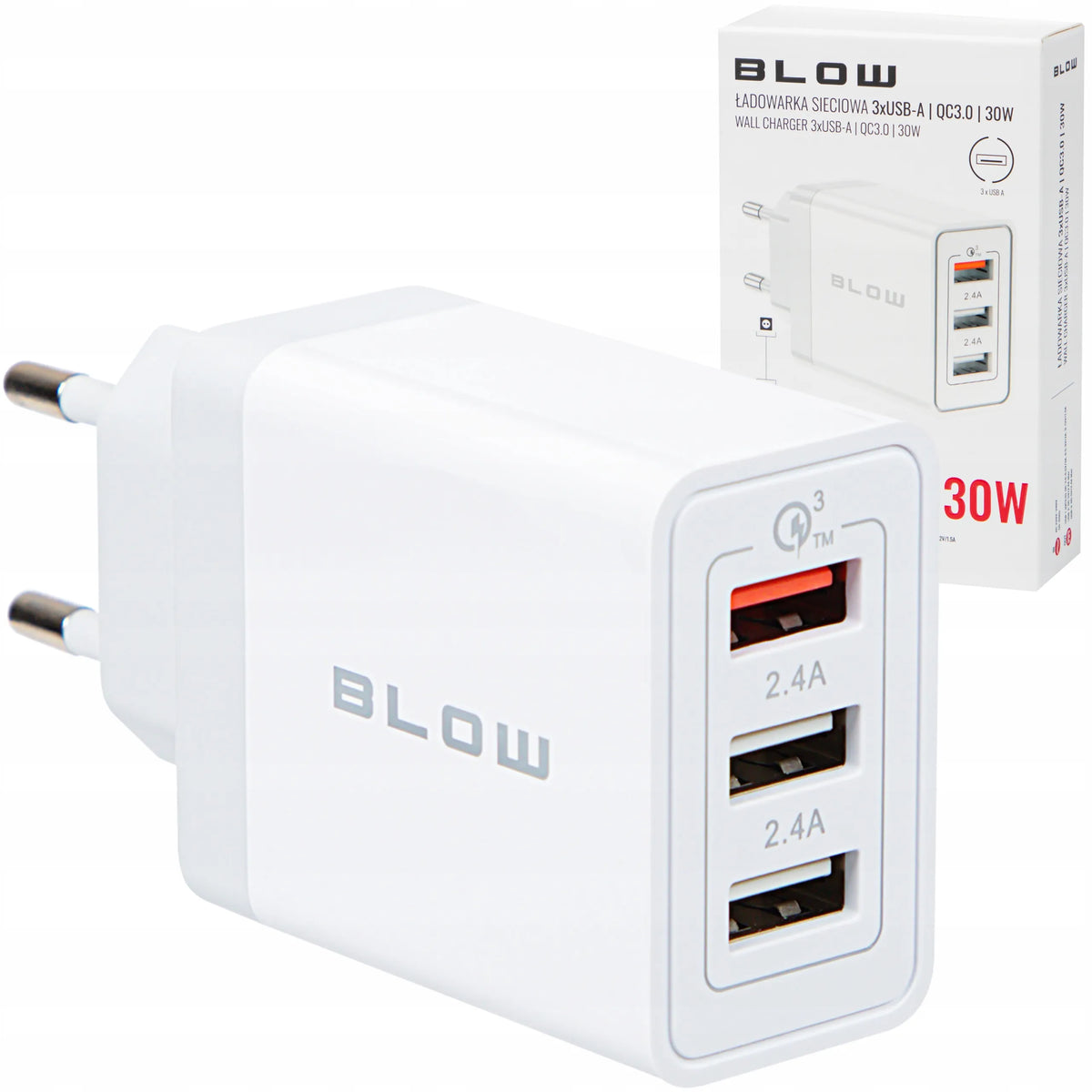 BLOW greitasis tinklo įkroviklis telefonui, 3 × USB, „Quick Charge 3.0“, 5 V, 2,4 A, 30 W