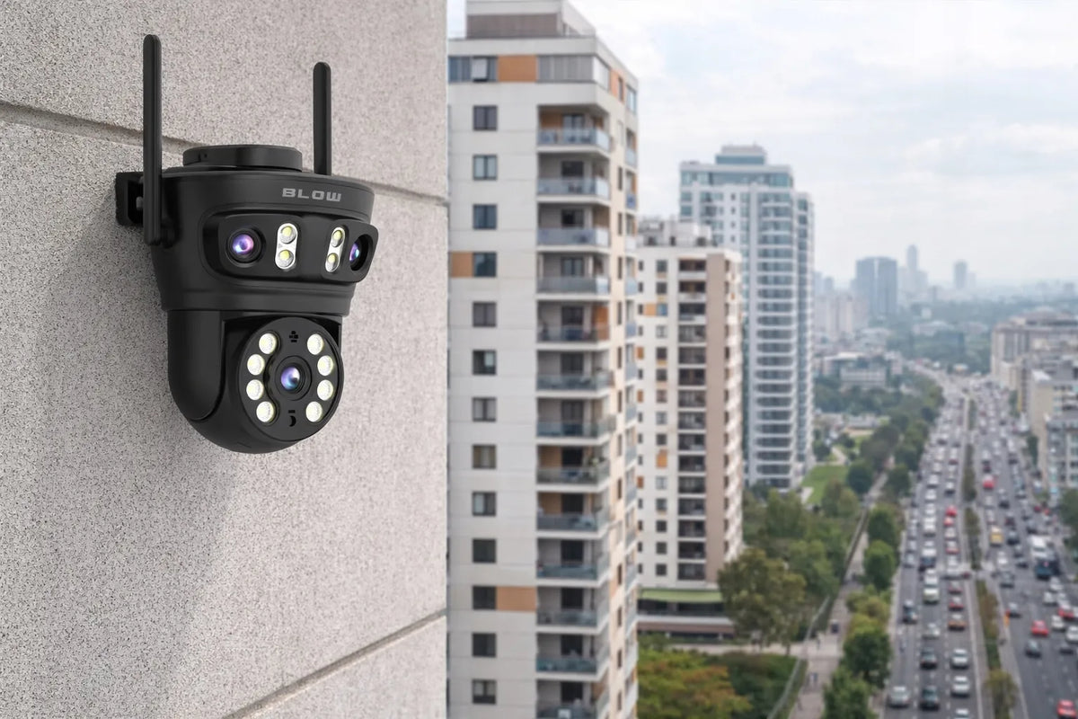 BLOW I-338 8MP „Wi-Fi“ IP kamera su 3 objektyvais, pasukama, vidaus ir lauko, su judesio aptikimu ir priartinimu