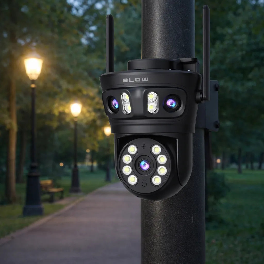 BLOW I-338 8MP „Wi-Fi“ IP kamera su 3 objektyvais, pasukama, vidaus ir lauko, su judesio aptikimu ir priartinimu