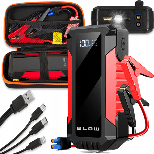 BLOW JS-12 automobilinis paleidiklis, „Powerbank“, LED žibintuvėlis ir avarinis plaktukas, 1000A, 12000mAh