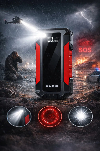 BLOW JS-12 automobilinis paleidiklis, „Powerbank“, LED žibintuvėlis ir avarinis plaktukas, 1000A, 12000mAh