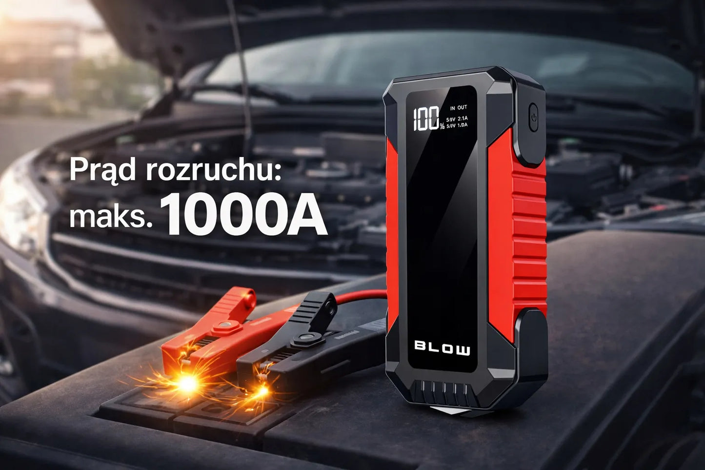 BLOW JS-12 automobilinis paleidiklis, „Powerbank“, LED žibintuvėlis ir avarinis plaktukas, 1000A, 12000mAh