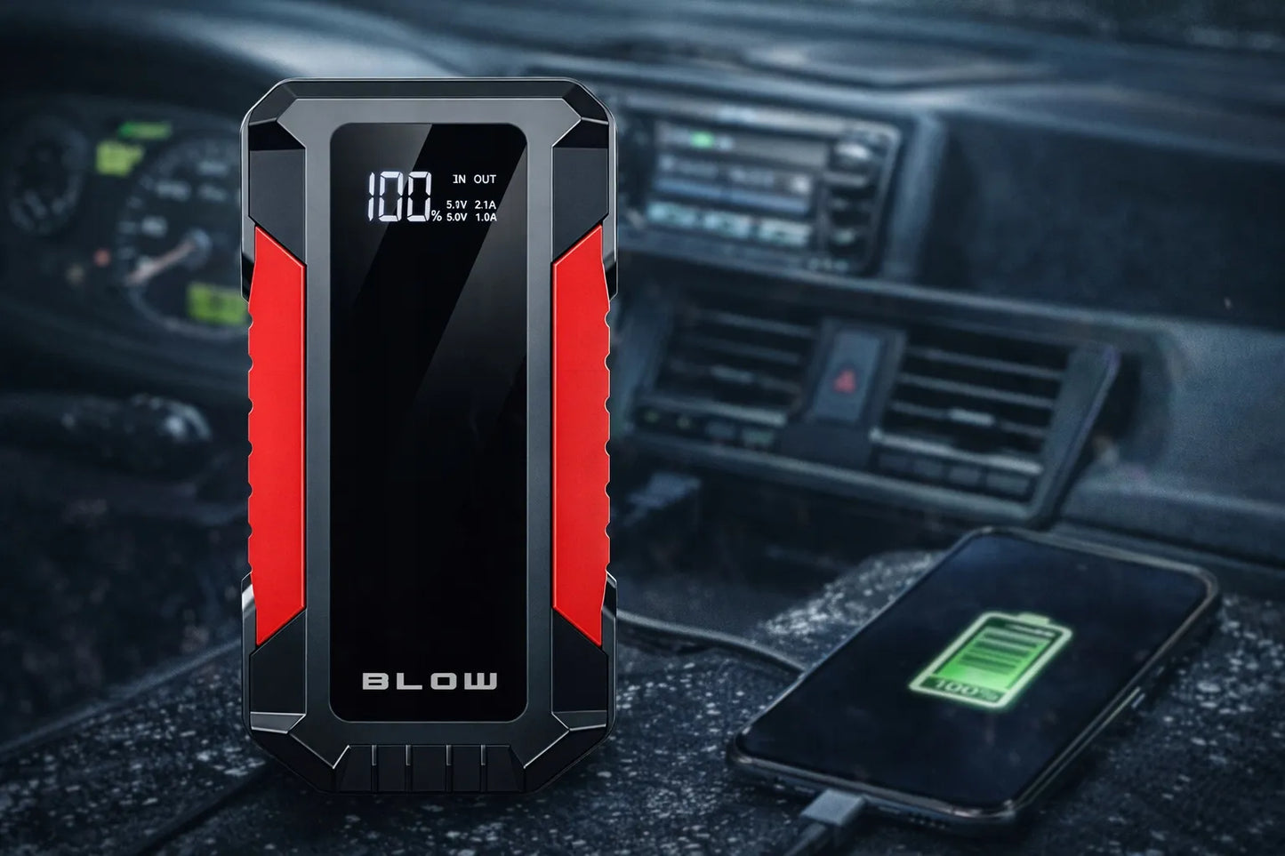 BLOW JS-12 automobilinis paleidiklis, „Powerbank“, LED žibintuvėlis ir avarinis plaktukas, 1000A, 12000mAh